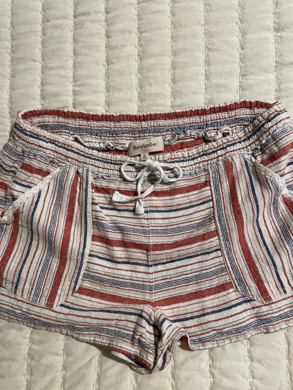 Rewind Striped Drawstring Shorts in White, Rust & Navy